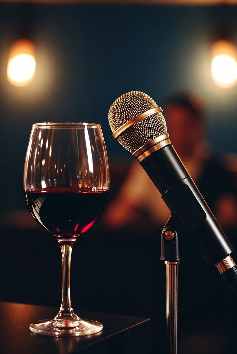 Wine glass and microphone at karaoke night in Camino CA, Morton Family Cellars